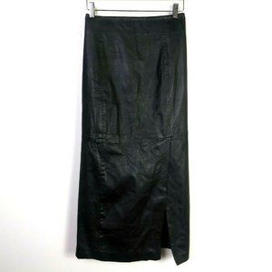 VTG Black Leather Midi Skirt Front Slit Waist 32"